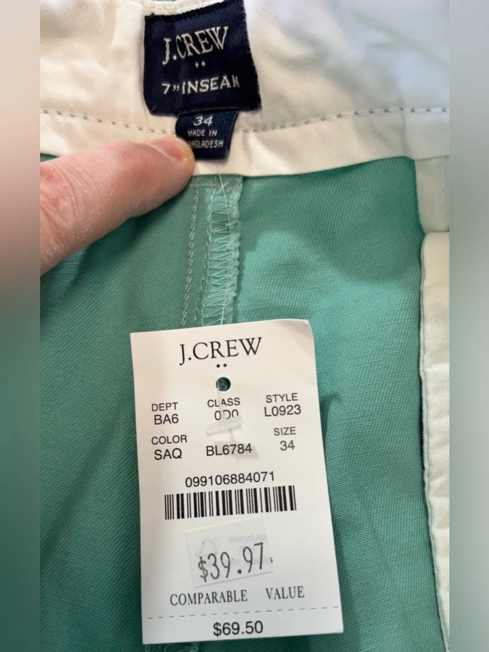 NWT J. Crew Men’s‎ Size 34 Teal Green 7” Inseam Chino Shorts
